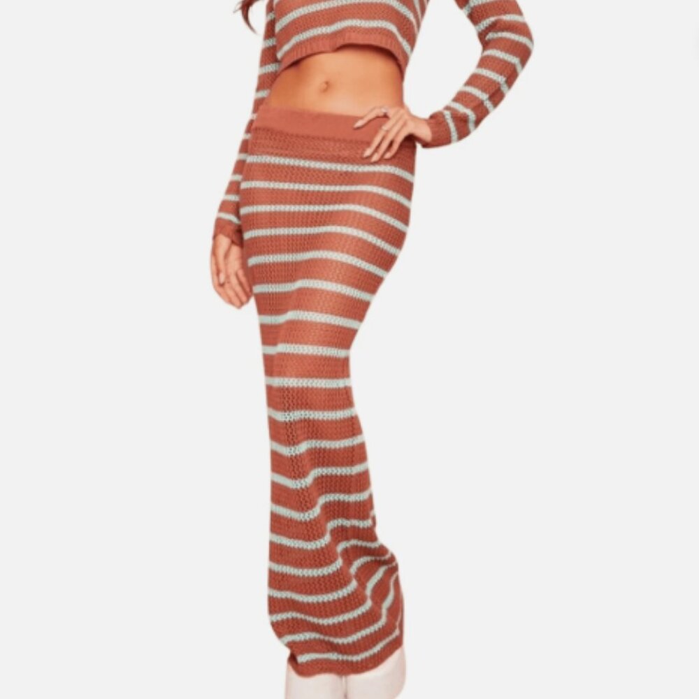 PrettyLittleThing Brown and Teal Striped Knit Maxi Skirt